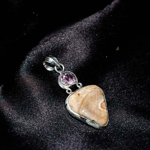 925 Sterling Silver Amethyst and Picture Jasper Drop Pendant