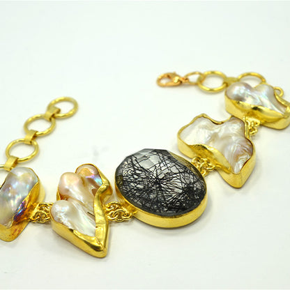 6 Carat Gold Plated Black Gemstone and Pearl Link Bracelet