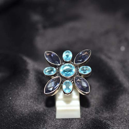 925 Sterling Silver Blue Topaz Floral Ring