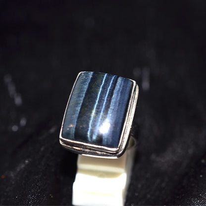 925 Sterling Silver Blue Tiger's Eye Rectangle Ring