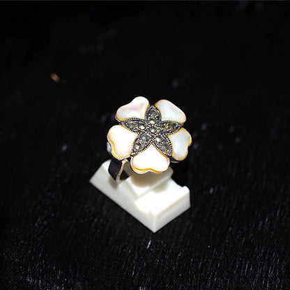 925 Sterling Silver Turkish Mother of Pearl and Marcasite Flower Ring