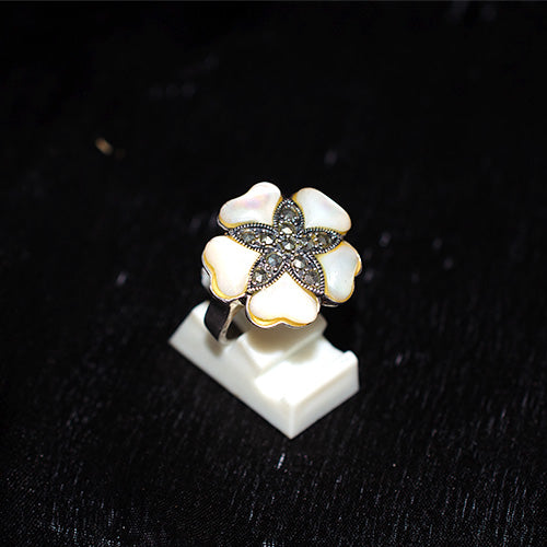 925 Sterling Silver Turkish Mother of Pearl and Marcasite Flower Ring
