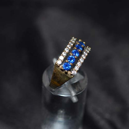 6 Carat Gold Plated Blue and White Triple Row Band Ring