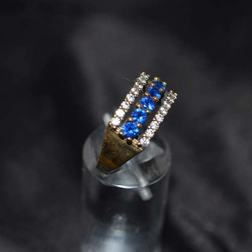 6 Carat Gold Plated Blue and White Triple Row Band Ring