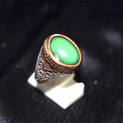 6 Carat Gold Plated Turkish Green Onyx Engraved Motif Ring