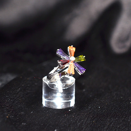 925 Sterling Silver Multicolor Gemstone Flower Motif Ring