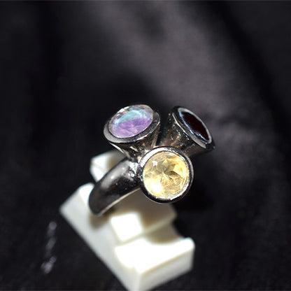 925 Sterling Silver Multi Gemstone Three Stone Tripod Ring