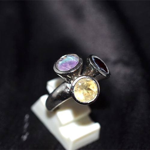925 Sterling Silver Multi Gemstone Three Stone Tripod Ring