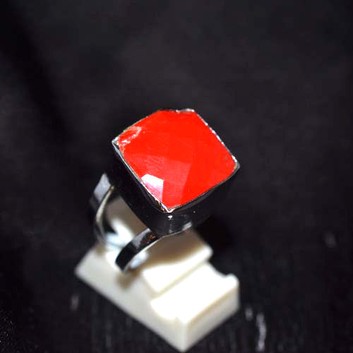 925 Sterling Silver Cushion Cut Red Coral Ring
