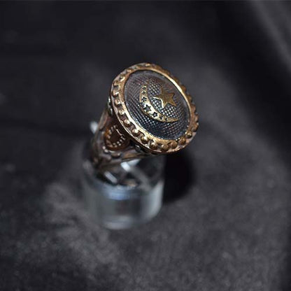 6 Carat Gold Plated Crescent Moon Star Signet Ring