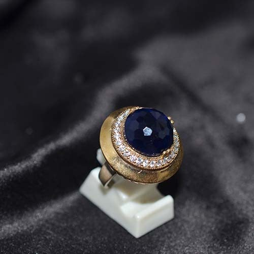 6 Carat Gold Plated Blue Sapphire Crescent Halo Ring