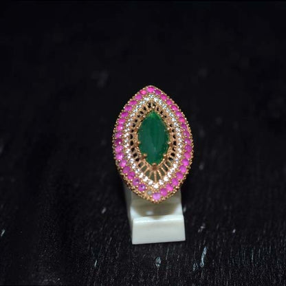 6 Carat Gold Plated Green and Pink Gemstone Marquise Halo Ring