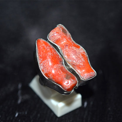 925 Sterling Silver Red Sponge Coral Twin Stone Ring