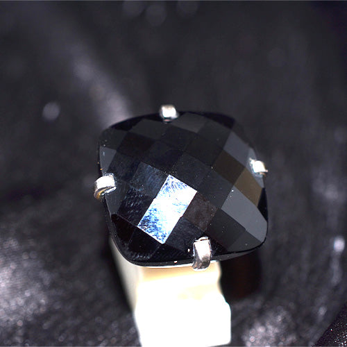 925 Sterling Silver Black Onyx Cushion Faceted Ring