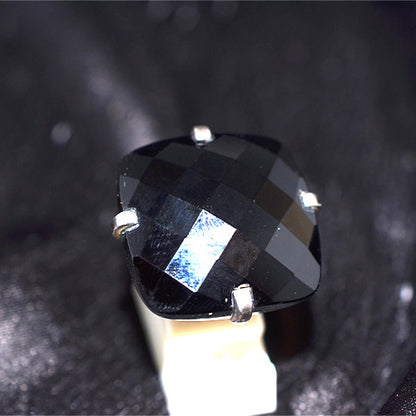 925 Sterling Silver Black Onyx Cushion Faceted Ring