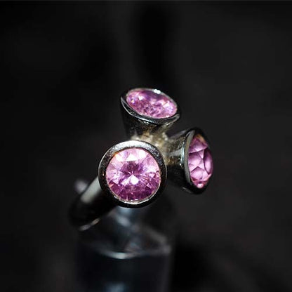 925 Sterling Silver Triple Pink Crystal Modern Ring