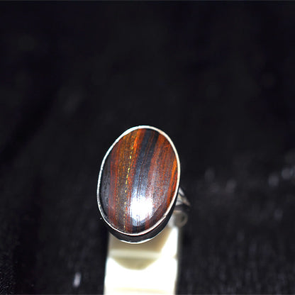 925 Sterling Silver Tiger Iron Elongated Oval Ring