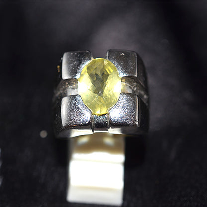 925 Sterling Silver Oval Lemon Quartz Geometric Block Ring