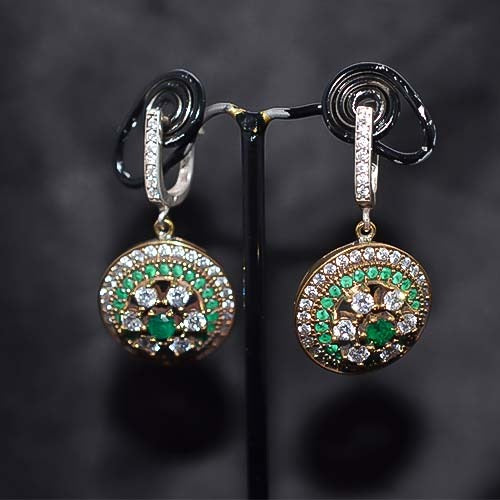 6 Carat Gold Plated Green and White Crystal Round Drop Earrings