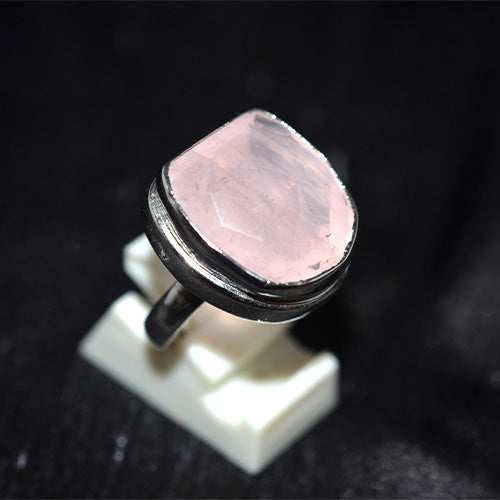 925 Sterling Silver Large Faceted Rose Quartz Ring