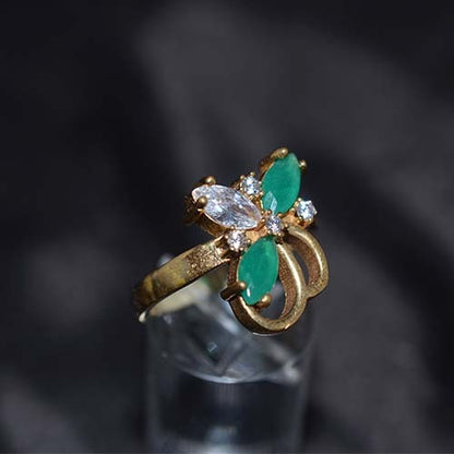 6 Carat Gold Plated Green and White Butterfly Motif Ring