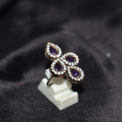 6 Carat Gold Plated Amethyst Four-Petal Motif Ring