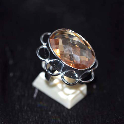 925 Sterling Silver Faceted Citrine Flower Design Ring