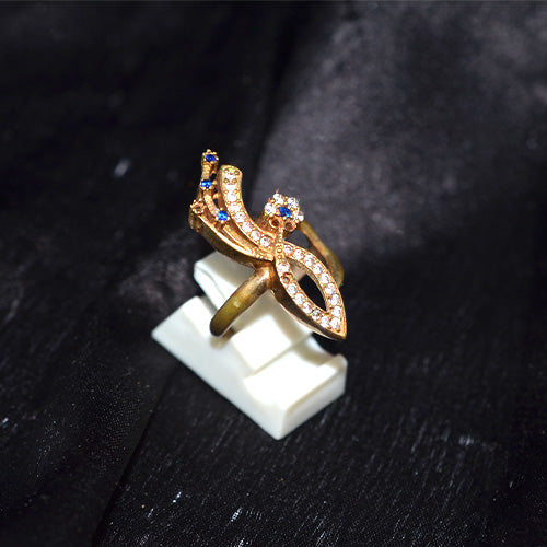 6 Carat Gold Plated Turkish Blue Cubic Zirconia Leaf Design Ring