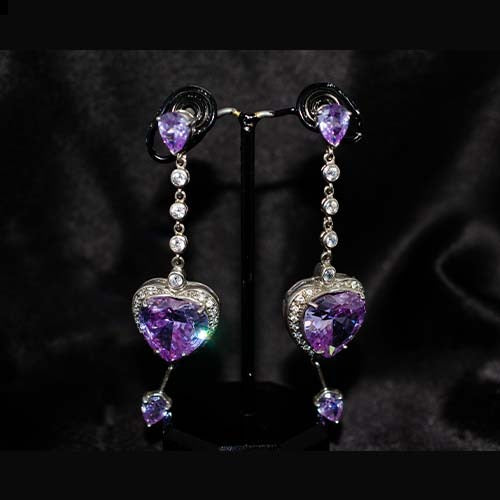 925 Sterling Silver Purple Heart Crystal Long Drop Earrings