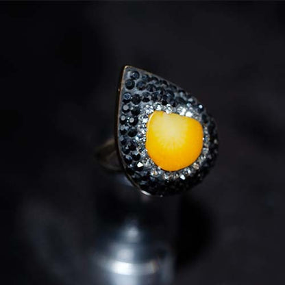 6 Carat Gold Plated Yellow and Black Teardrop Cocktail Ring