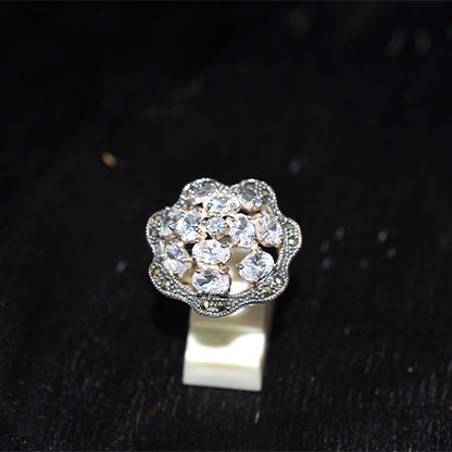 925 Sterling Silver Turkish Crystal Cluster and Marcasite Flower Ring