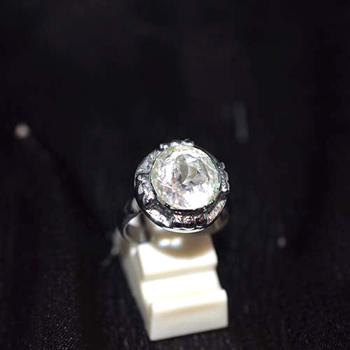 925 Sterling Silver Round Clear Quartz Granulated Halo Ring