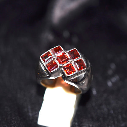 925 Sterling Silver Princess Cut Garnet Checkered Ring