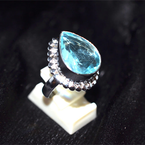 925 Sterling Silver Pear Blue Topaz Beaded Turkish Ring