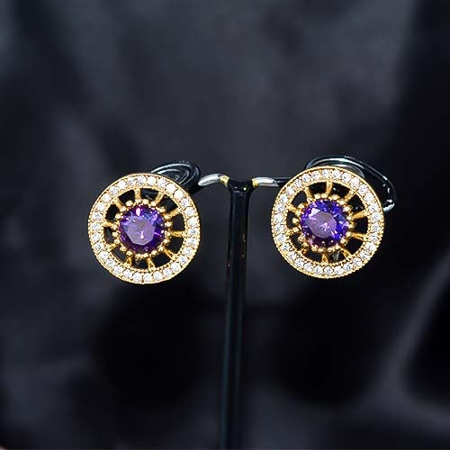 6 Carat Gold Plated Purple Crystal Halo Stud Earrings