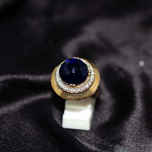 6 Carat Gold Plated Blue Sapphire Crescent Halo Ring