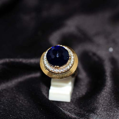 6 Carat Gold Plated Blue Sapphire Crescent Halo Ring