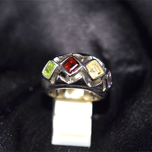 925 Sterling Silver Abstract Multi Gemstone Inlay Ring