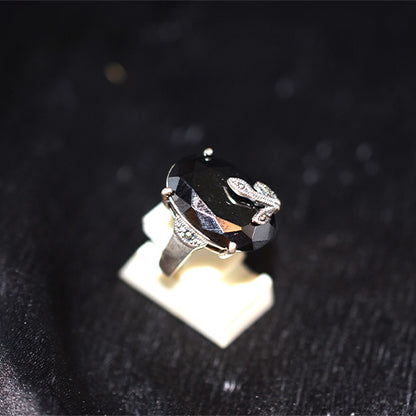 925 Sterling Silver Turkish Large Oval Black Onyx with Marcasite Vine Accent Ring