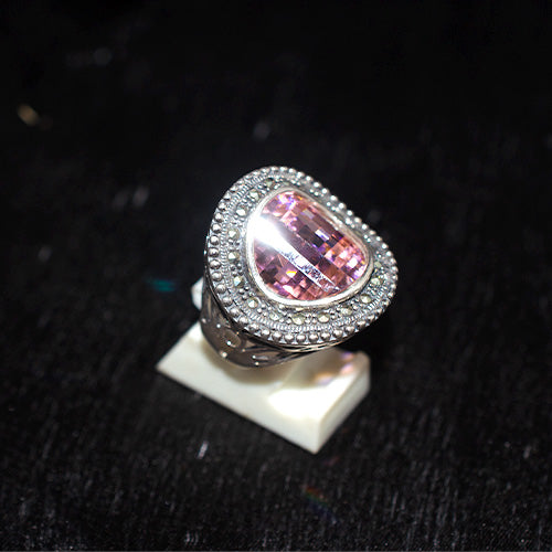 925 Sterling Silver Turkish Trillion-Cut Pink Crystal with Double Marcasite Halo Ring