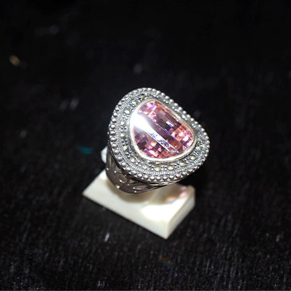 925 Sterling Silver Turkish Trillion-Cut Pink Crystal with Double Marcasite Halo Ring