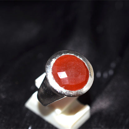 925 Sterling Silver Round Faceted Carnelian Bezel Ring