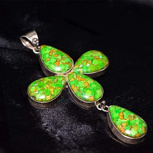 925 Sterling Silver Green Jasper Floral Drop Pendant