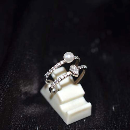 925 Sterling Silver Pearl and Cubic Zirconia Double Band Ring