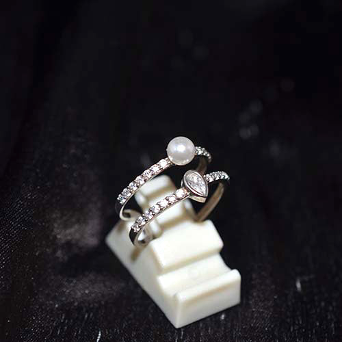925 Sterling Silver Pearl and Cubic Zirconia Double Band Ring