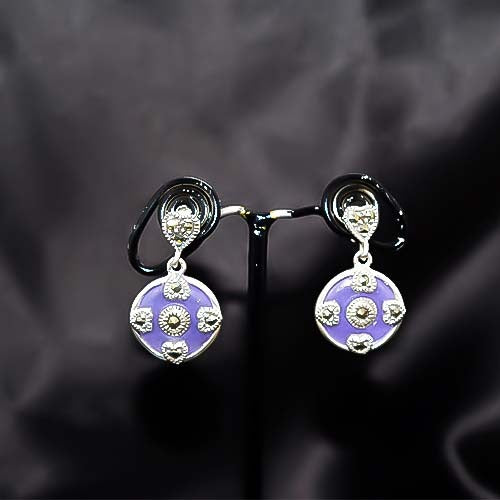 925 Sterling Silver Purple Enamel Floral Drop Earrings