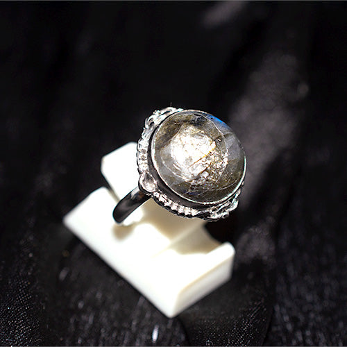 925 Sterling Silver Turkish Round Labradorite Beaded Halo Ring