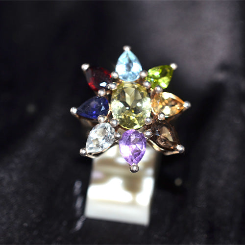 925 Sterling Silver Rainbow Multi Gemstone Flower Ring