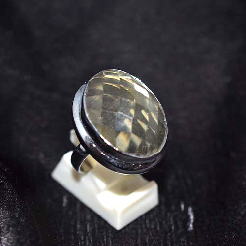 925 Sterling Silver Oval Lemon Quartz Textured Bezel Ring