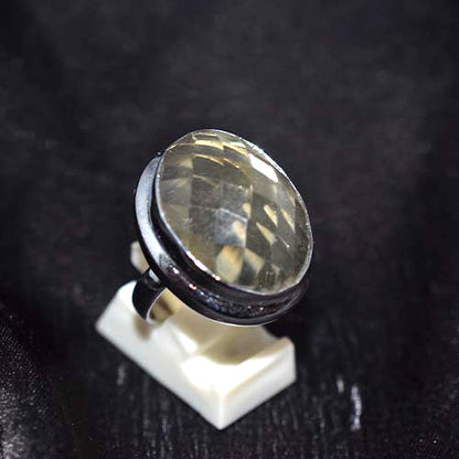 925 Sterling Silver Oval Lemon Quartz Textured Bezel Ring